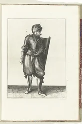 Ćwiczenie z tarczą i rapierem: żołnierz przenosi tarczę z tyłu przez lewe ramię (nr 2), 1618 Nassausche Wapen-Handelinge, van Schilt, Szpiedzy, Rappier i Tarcza : przedstawione beyde figuerlick i oprawione w nowy porządek [z] (...