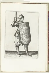 Ćwiczenie na tarczę i rapier: Żołnierz trzyma wyciągnięty rapier nie wyżej niż twarz (nr 5), 1618 Nassausche Wapen-Handelinge, van Schilt, Szpiedzy, Rappier i Tarcza: przedstawiony beyde figuerlick i oprawiony w nowy porządek [z]