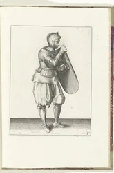 Wiertło z tarczą i rapierem: żołnierz prawą ręką trzyma tarczę, lewą chwyta za pas (nr 3), 1618 Nassausche Wapen-Handelinge, van Schilt, Szpiedzy, Rappier i Tarcza: przedstawione beyde figuerlick, a obramowane po
