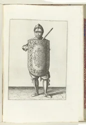 Wiertło z tarczą i rapierem: żołnierz trzyma tarczę przed klatką piersiową, a narysowany rapier przy lewym ramieniu (nr 6), 1618 Nassausche Wapen-Handelinge, van Schilt, Szpiedzy, Rappier i Tarcza: przedstawione beyde figuerlick, otoczone ramką