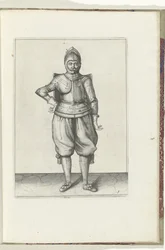 Wiertło z tarczą i rapierem: żołnierz w spoczynku z tarczą na plecach (nr 1), 1618 Nassausche Wapen-Handelinge, van Schilt, Szpiedzy, Rappier i Tarcza : przedstawiony beyde figuerlick i oprawiony w nowy porządek [z] (...) Maurits van Nassa