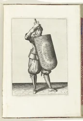 Wiertło z tarczą i rapierem: jak żołnierz powinien zamknąć przyłbicę hełmu z tarczą i narysowanym rapierem w dłoni (nr 7), 1618 Nassausche Wapen-Handelinge, van Schilt, Szpiedzy, Rappier i Tarcza: przedstawiony beyde figuerlick i