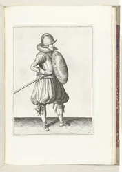 Ćwiczenie z tarczą i kolcem: Żołnierz ustawia kolec w pozycji do ciągnięcia dwa razy, drugi ruch (nr 14), 1618 Nassausche Wapen-Handelinge, van Schilt, Szpiedzy, Rappier i Tarcza: przedstawiony beyde figuerlick, oprawiony w nowy