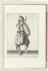 Ćwiczenie z tarczą i kolcem: żołnierz na baczność z rapierem i tarczą z przodu klatki piersiowej (nr 20), 1618 De Nassausche Wapen-Handelinge, van Schilt, Szpiedzy, Rappier i Tarcza: przedstawione beyde figuerlick, ujęte w nowy porządek [z] (.