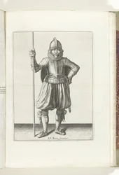 Ćwiczenie na tarczę i kolec: żołnierz w spoczynku, kolec w dłoni i tarcza na grzbiecie (nr 1), 1618 Nassausche Wapen-Handelinge, van Schilt, Szpiedzy, Rappier i Tarcza: przedstawione beyde figuerlick, ujęte w nowy porządek [z] (