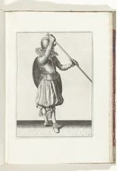 Ćwiczenie z tarczą i kolcem: Żołnierz z kolcem wygiętym w obie ręce z prawą ręką na głowie i tarczą na grzbiecie (nr 3), 1618 Nassausche Wapen-Handelinge, van Schilt, Szpiedzy, Rappier i Tarcza: przedstawiony beyde figuerlick, koniec
