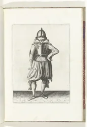 Ćwiczenie z tarczą i kolcem: odpoczywający żołnierz z tarczą na plecach (nr 27), 1618 Nassausche Wapen-Handelinge, van Schilt, Szpiedzy, Rappier i Tarcza: ukazani beyde figuerlick i oprawionych w nowy porządek [z] (...) Maurits v
