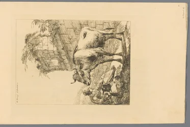 Pasterka z baranem, kozą i krową w ruinie