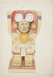 Kariatyda z komnaty zewnętrznej, świątynia A, boisko balowe, Chichen Itza, Meksyk (akwarela)