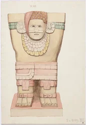 Kariatyda z komory zewnętrznej, świątynia A, świątynia na boisku balowym, Chichen Itza, Meksyk (akwarela)