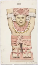 Kariatyda z komnaty zewnętrznej, świątynia A, boisko do piłki nożnej, Chichen Itza, Meksyk (akwarela)