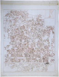 Kopia malowidła ściennego, Górna Świątynia Jaguarów, South End, West Wall, Górna Świątynia Jaguarów, Chichen Itza, Meksyk (czerwony tusz i grafit)