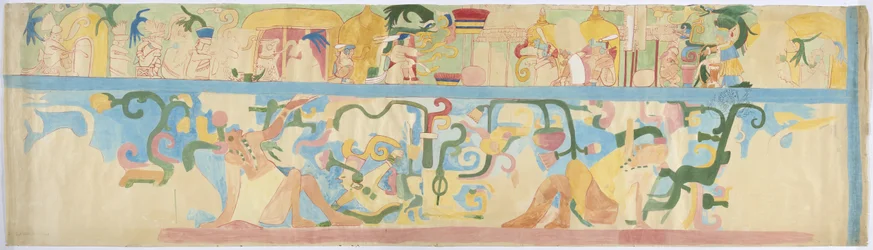 Kopia malowidła ściennego z południowo-zachodniej ściany, Górna Świątynia Jaguarów, Chichen Itza, Meksyk (akwarela i kolor nadwozia)