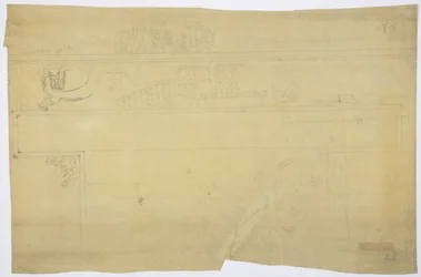 Kopia kalki malowidła ściennego znad drzwi, Górna świątynia Jaguarów, Chichen Itza, Meksyk Ołówek „Ofiara z człowieka” (grafit)