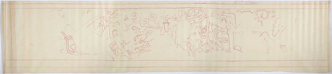 Zarys malarstwa ściennego z zachodniej ściany, Górna Świątynia Jaguarów, Chichen Itza, Meksyk (czerwony tusz i   grafit)