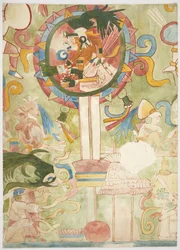 Obraz przedstawiający część południowego panelu ściany zachodniej, Górna Świątynia Jaguarów, Chichen Itza, Meksyk (akwarela, bodycolour, grafit)