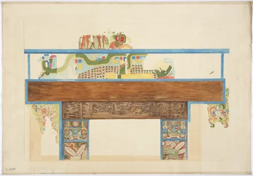 Kopia w skali ćwiartki malowidła ściennego ściana zachodnia, Górna Świątynia Jaguarów, Chichen Itza, Meksyk (akwarela, bodycolor, grafit)