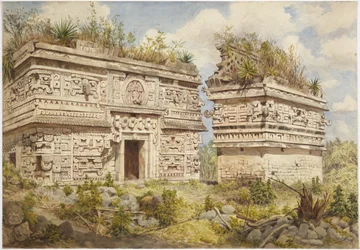 Ruiny w Chichen Itza na Jukatanie w Meksyku przedstawiają wschodnią fasadę budynku A i Iglesia (akwarela)