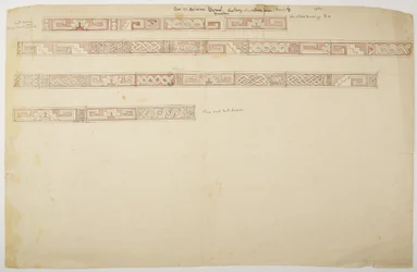 Ruiny/kamienne płaskorzeźby w świątyni w Uxmal w Meksyku przedstawiające fryz (akwarela)