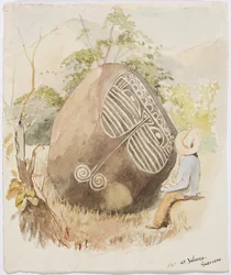 Kamienna płaskorzeźba - Jaleaca, Guerrero, Meksyk Ukazująca mężczyznę patrzącego na duży okrągły kamień z naciętą dekoracją w kształcie „twarzy” (akwarela)