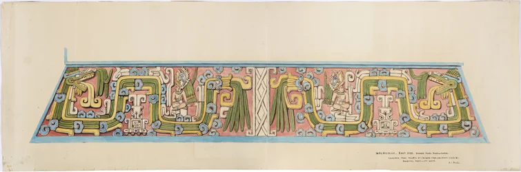 Kamienna płaskorzeźba z Xochicalco, Meksyk Południowa ściana Cerro Colorado, Tehuacan (akwarela)