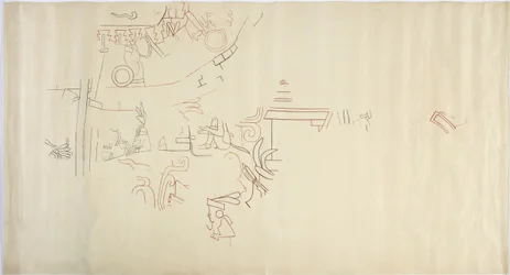 Narysowanie malowidła ściennego z Casa de Monjas, Chichen Itza, Meksyk Vault w dużej komorze (czerwony, czarny i brązowy tusz i grafit)