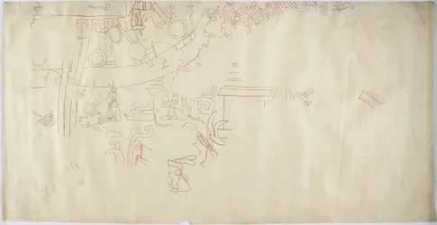 Narysowanie malowidła ściennego z Casa de Monjas, Chichen Itza, Meksyk Vault w dużej komorze (czerwony, czarny i brązowy tusz i grafit)