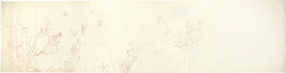 Narysowanie malowidła ściennego ze ściany wschodniej, Górna Świątynia Jaguarów, Chichen Itza, Meksyk (czerwony tusz i   grafit)