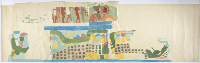 Odrysowanie malowidła ściennego znad drzwi, Górna Świątynia Jaguarów, Chichen Itza, Meksyk (akwarela, bodycolor, grafit)