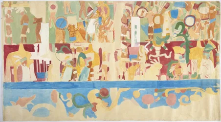 Narysowanie malowidła ściennego z południowej ściany, wewnętrzna komnata, Górna Świątynia Jaguarów, Great Ball Court w Chichen Itza, Meksyk farba (akwarela i farba do ciała)