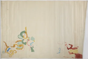 Odrysowanie malowidła ściennego ze ściany wschodniej, Górna Świątynia Jaguarów, Chichen Itza, Meksyk   (akwarela i farba do ciała)