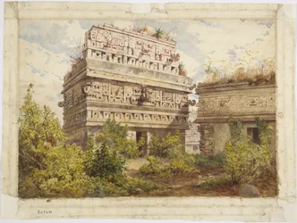 Ruiny Chichen Itza na Jukatanie w Meksyku przedstawiają zachodnią fasadę Iglesia (akwarela)