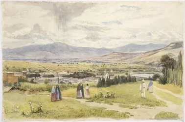 Widok Tlaxcala i Ixtaccihuatl w Meksyku (akwarela)