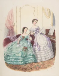Studium mody: dwie kobiety w sukniach wieczorowych 1860.