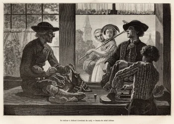 Krawiec i jego uczeń pracujący na krawędzi okna, by cieszyć się światłem i widokiem przechodniów ulicy, w Rilland (South Beveland), grawer według rysunku Adolfa Dillensa, ilustrującego podróż do Zelandii ( Holandia), ja