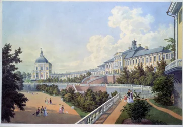 Wielki pałac Oranienbaumów (królewska rezydencja Rosji), położony w Łomonosowie w aglomeracji Sankt Petersburga (Wielki Pałac Oranienbaumów). Obraz Adolfa Bezemanna (1806-1867). Akwarela na papierze