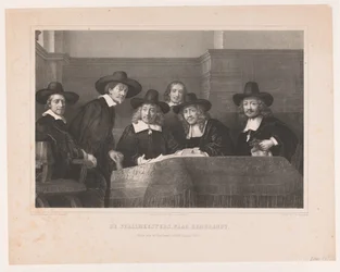 De Staalmeesters: kolegium mistrzów próbek (waardijns) gildii sukna w Amsterdamie De Staalmeesters, wg Rembrandta / Premium plate der Kunstkronijk, tom XVI (1854) (tytuł na obiekcie)