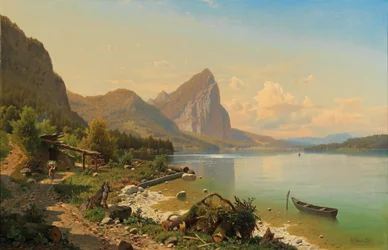 Gra na Mondsee niedaleko Scharfling z widokiem na Drachenwand