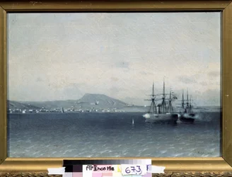 Wojna rosyjsko-turecka (Russo Turkish) 1877-1878: „Miasto Teodozja (lub Teodozja) na Krymie zbombardowane przez flotę turecką w 1878 r.” (Flota turecka zbombardowała miasto Teodozja w 1878 r.) Obraz Adolfa Fesslera (1826-1885) 1878 Państwo Tretiakow G