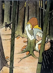Czerwony Kapturek. Opowieść o braciach Jacobie Grimm (1785-1863) i Wilhelmie Grimmie (1786-1859). Ilustracja autorstwa Adolfa Hofera