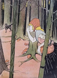 Czerwony Kapturek widzi wilka w lesie, ilustracja z Jugend opublikowana w Muenchen 1896