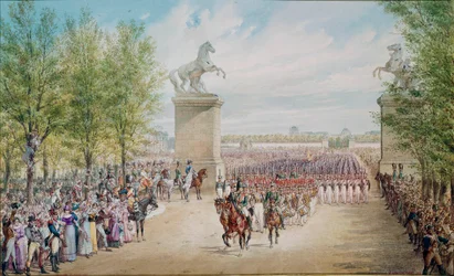 Car Aleksander I (1777-1825) wspina się ze swoją armią na Pola Elizejskie w Paryżu w 1814 roku. Obraz Adolfa Charlemagne (1827-1901)