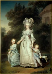 Portret u stóp królowej Francji Marii Antoniny (1754-1793) z Marią Teresą lub Madame Royale (1778-1851) i pierwszym delfinem Louisem Josephem Xavierem Francois lub Louis de France (1781-1789) spacerującym po ogrodach Trianon Malowanie przez Ad