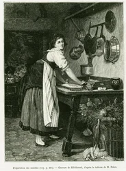 Przygotowanie makaronu. Grawer Hildibranda, ilustrujący opowiadanie „Przez Alzację i Lotaryngię”, w 1887 r., autorstwa Charlesa Grada, niemieckiego zastępcy, w tour du monde 1888, w reżyserii Edouarda Chartona (1807-1890), Hachette, Paryż.
