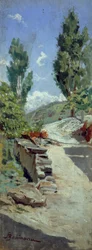 Droga na wzgórzach, Adolfo Belimbau (1845-1938), olej na desce, 23x9 cm
