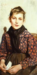 Siedząca dziewczyna – Adolfo Belimbau (1845-1938), olej na płótnie, 71x37 cm