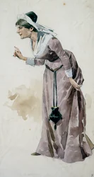 Szkic kostiumu Adolfa Hohensteina (1854-1928) do premiery opery Falstaff Giuseppe Verdiego (1813-1901), wystawionej w Teatrze La Scala w Mediolanie, 9 lutego