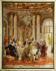 Okrągły Stół Fryderyka II Pruskiego (1712-1786) z Wolterem (Francois-Marie (Francois Marie) Arouet de Voltaire (1694-1778) i Christophem Ludwigiem von Stille (1696-1752) w Pałacu Sanssouci - Szkic Adolpha Friedricha von Menzel (1815-1905), olej
