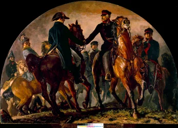 Spotkanie Gebharda Leberechta von Blucher (1742-1819) i Arthura Wellesleya Wellingtona (1769-1852), w bitwie pod La Belle Alliance (1815). Obraz Adolfa Menzla (1815-1905) Ec. Wszystko