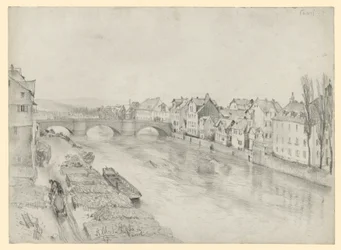 Rzeka Fulda w Kassel. Krajobraz nadrzeczny z mostem i domami